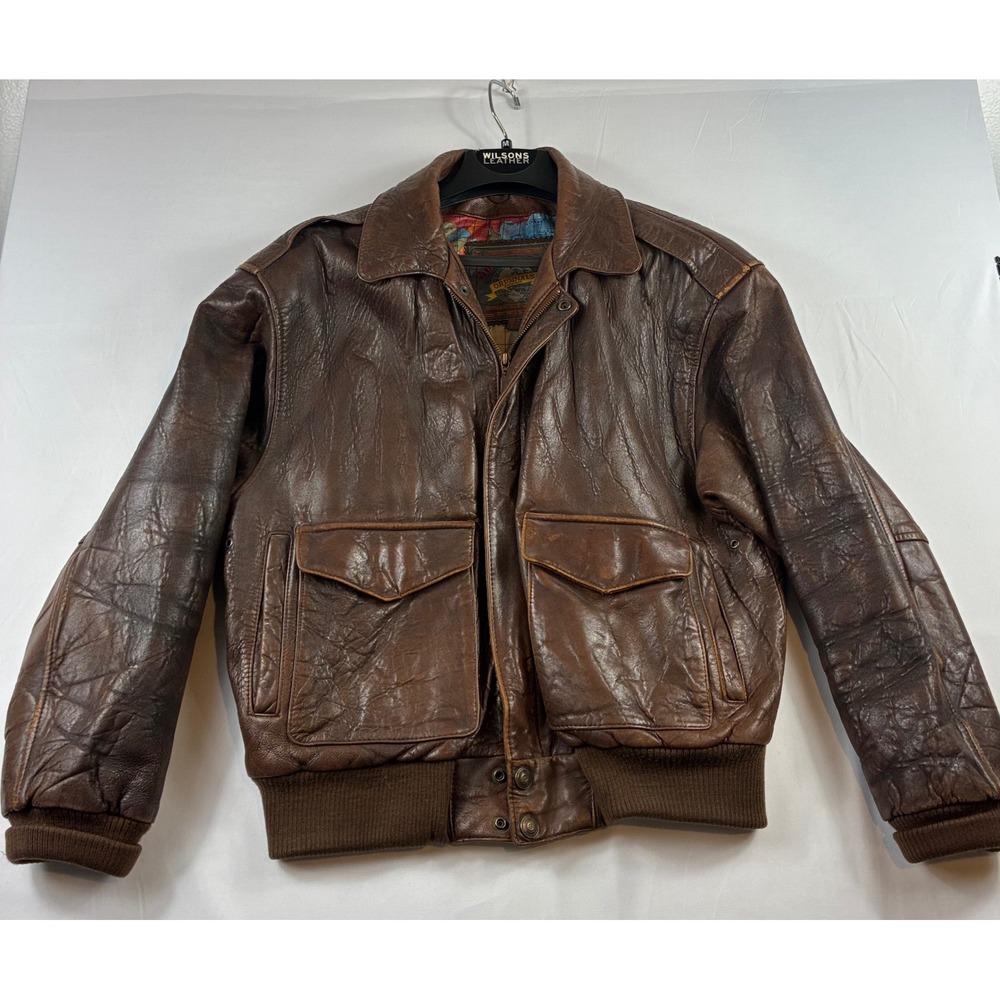 Adventure Bound Wilsons Leather Bomber Jacket Mens M Brown Vintage Flight Map